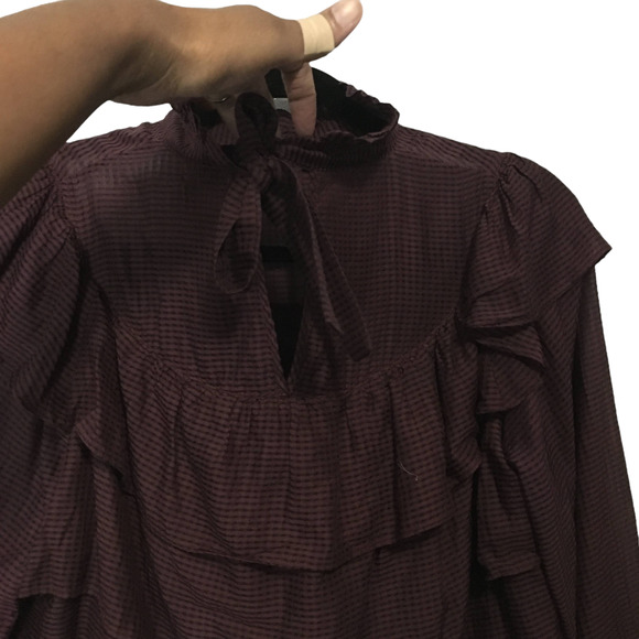 LOA Women's High Neck Tiered Layered Ruffle Mini Dress Size 1/ Small Brown - Picture 3 of 11